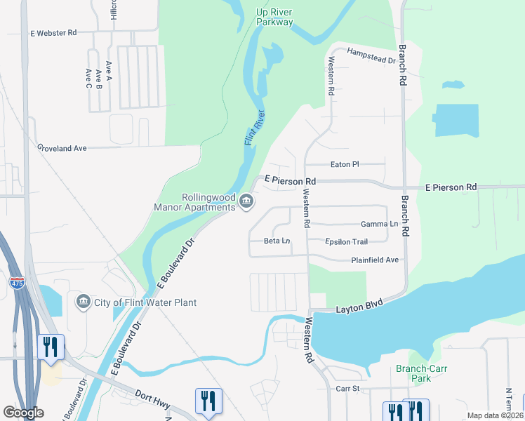 map of restaurants, bars, coffee shops, grocery stores, and more near 5011 Alpha Way in Flint