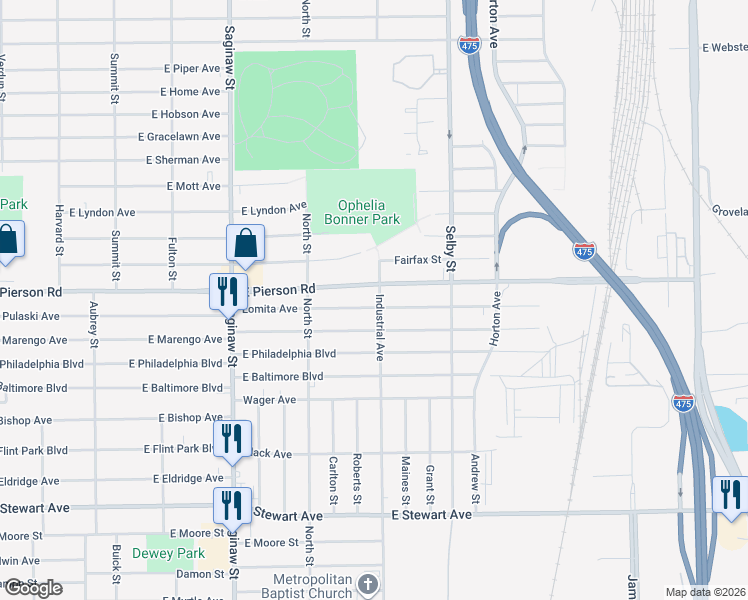 map of restaurants, bars, coffee shops, grocery stores, and more near 945 Lomita Avenue in Flint