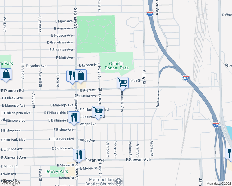 map of restaurants, bars, coffee shops, grocery stores, and more near 945 Lomita Avenue in Flint