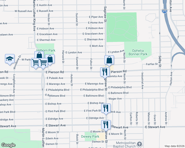 map of restaurants, bars, coffee shops, grocery stores, and more near 645 East Pulaski Avenue in Flint