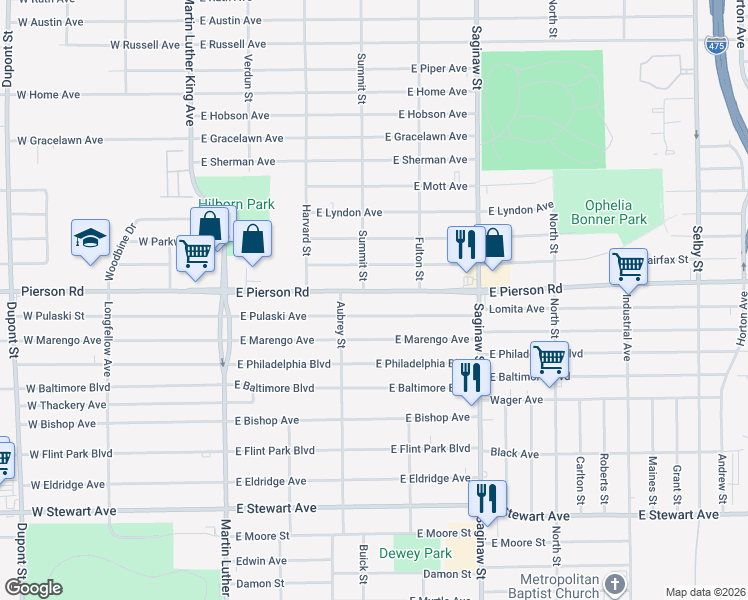 map of restaurants, bars, coffee shops, grocery stores, and more near 413 East Pulaski Avenue in Flint