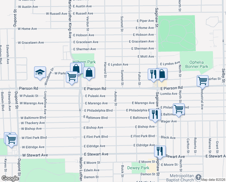map of restaurants, bars, coffee shops, grocery stores, and more near 349 East Pulaski Avenue in Flint