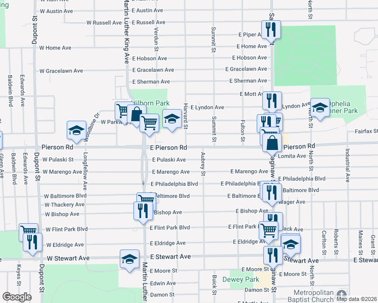map of restaurants, bars, coffee shops, grocery stores, and more near 309 East Pulaski Avenue in Flint