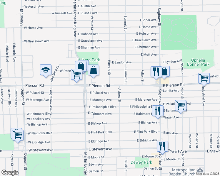 map of restaurants, bars, coffee shops, grocery stores, and more near 309 East Pulaski Avenue in Flint