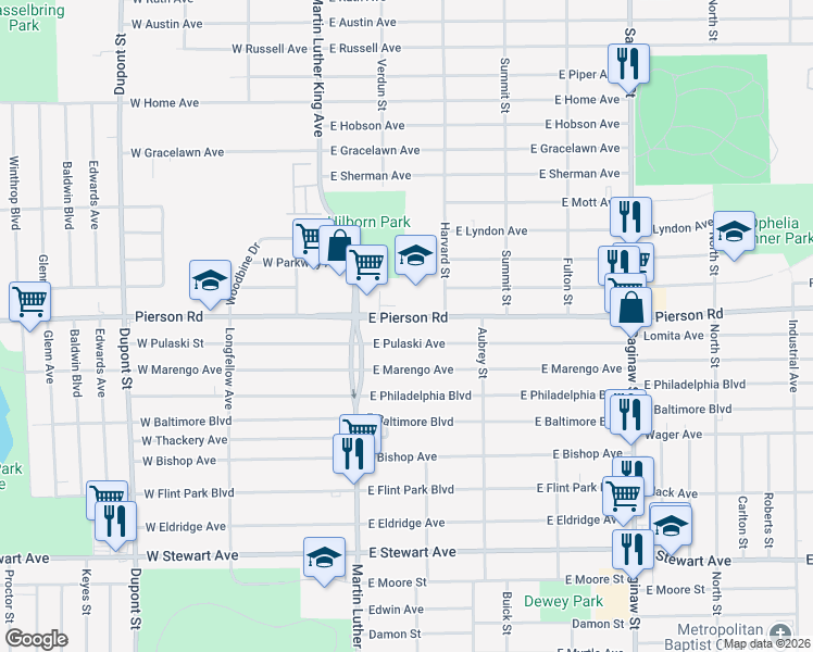 map of restaurants, bars, coffee shops, grocery stores, and more near 201 East Pulaski Avenue in Flint