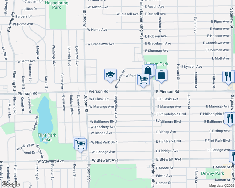map of restaurants, bars, coffee shops, grocery stores, and more near 410 West Pulaski Street in Flint