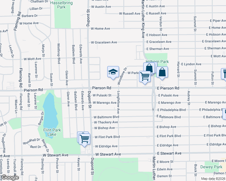 map of restaurants, bars, coffee shops, grocery stores, and more near 518 West Pulaski Street in Flint