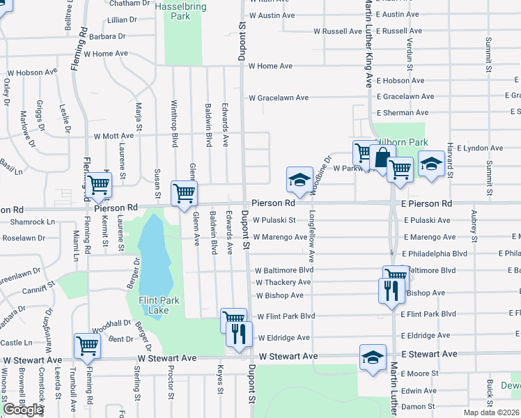 map of restaurants, bars, coffee shops, grocery stores, and more near 642 West Pulaski Street in Flint