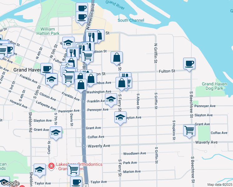 map of restaurants, bars, coffee shops, grocery stores, and more near 1100 Washington Avenue in Grand Haven