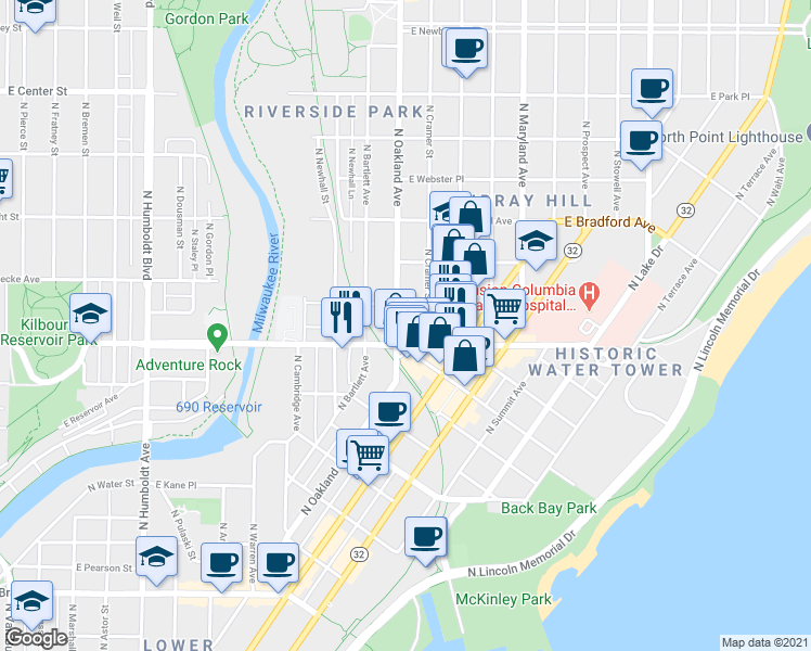 map of restaurants, bars, coffee shops, grocery stores, and more near in Milwaukee