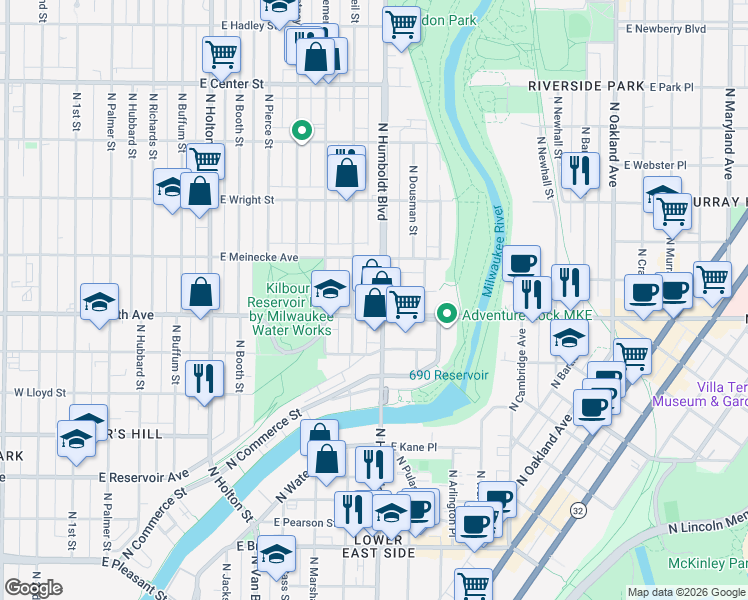 map of restaurants, bars, coffee shops, grocery stores, and more near in Milwaukee