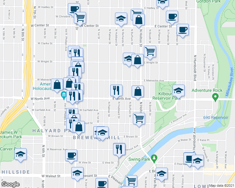 map of restaurants, bars, coffee shops, grocery stores, and more near 212 East North Avenue in Milwaukee