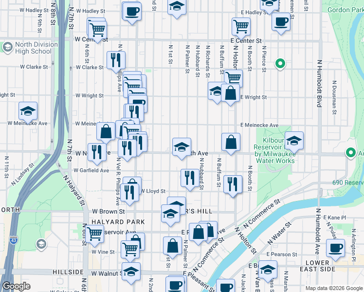 map of restaurants, bars, coffee shops, grocery stores, and more near 118 East North Avenue in Milwaukee