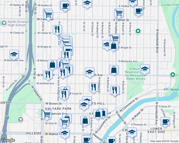 map of restaurants, bars, coffee shops, grocery stores, and more near 118 East North Avenue in Milwaukee