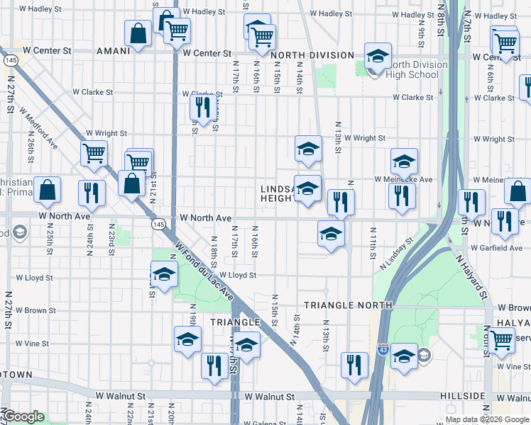 map of restaurants, bars, coffee shops, grocery stores, and more near 1426 West North Avenue in Milwaukee