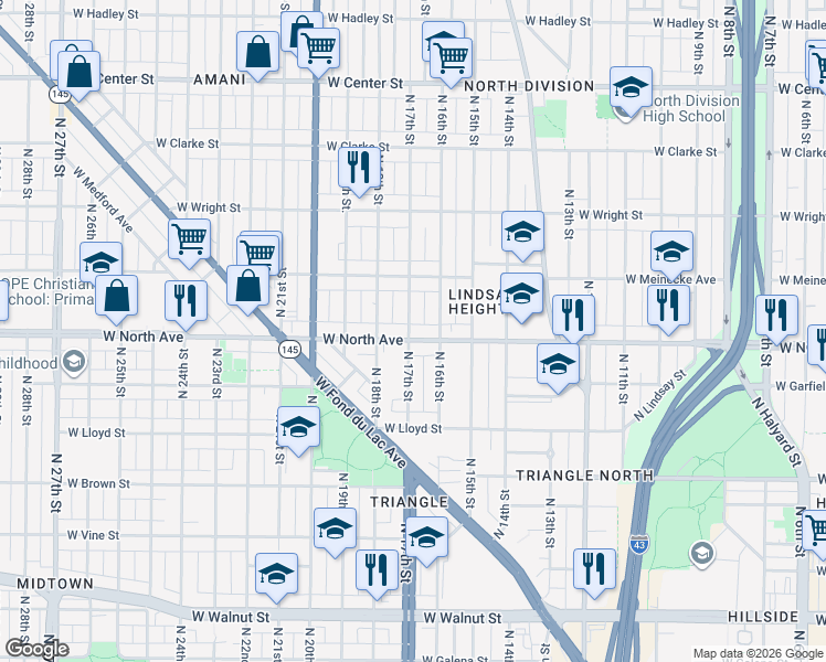 map of restaurants, bars, coffee shops, grocery stores, and more near 1622 West North Avenue in Milwaukee