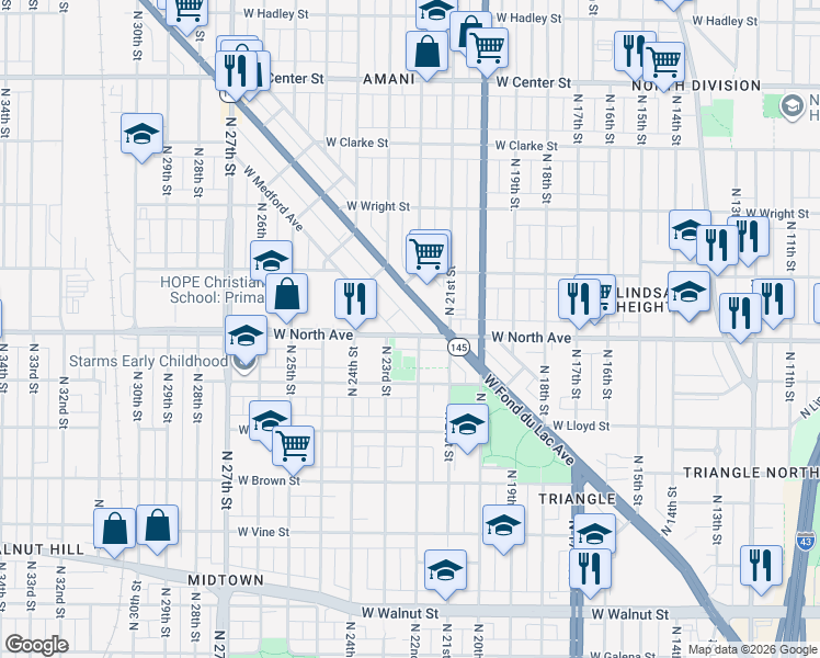 map of restaurants, bars, coffee shops, grocery stores, and more near 2213 West North Avenue in Milwaukee