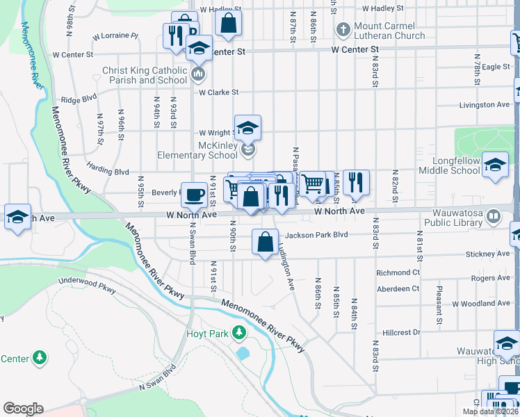 map of restaurants, bars, coffee shops, grocery stores, and more near 8816 West North Avenue in Wauwatosa