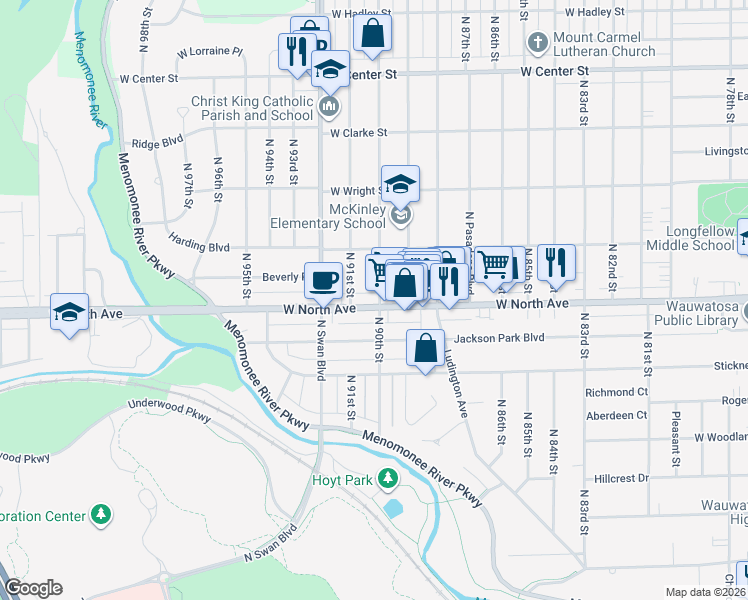 map of restaurants, bars, coffee shops, grocery stores, and more near 8930 West North Avenue in Wauwatosa