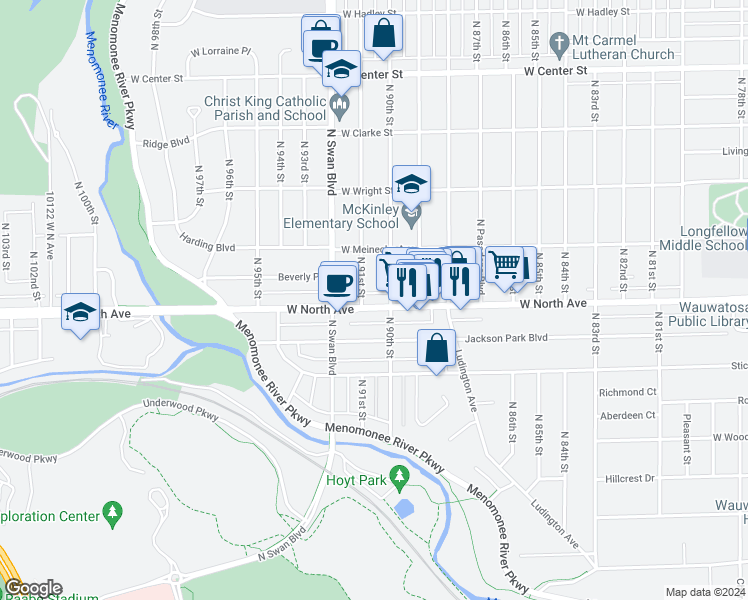map of restaurants, bars, coffee shops, grocery stores, and more near 9030 West North Avenue in Wauwatosa