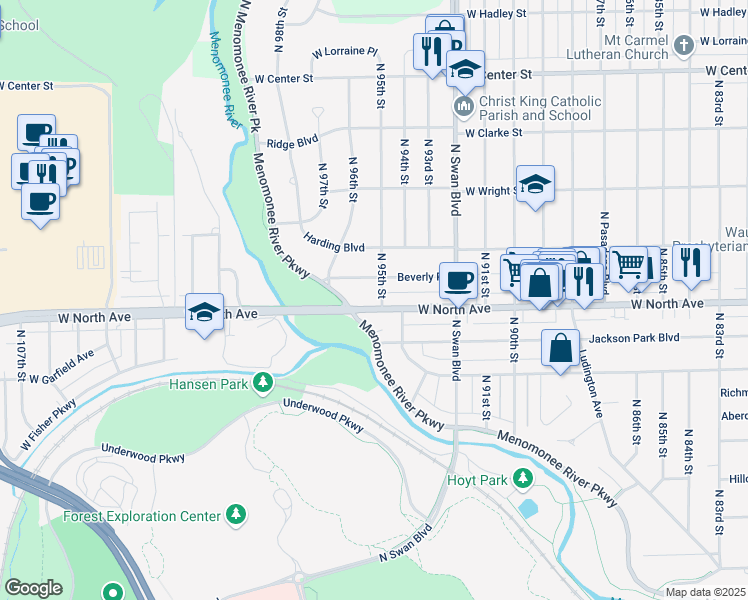 map of restaurants, bars, coffee shops, grocery stores, and more near 2316 North 95th Street in Wauwatosa