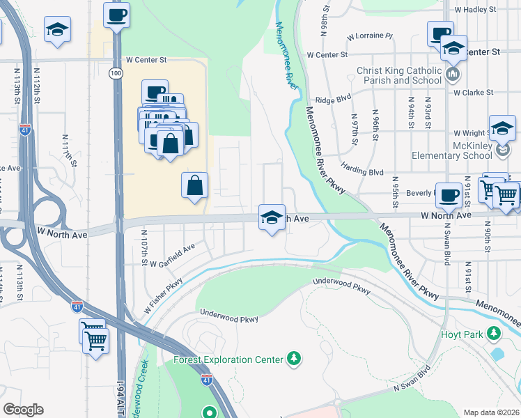 map of restaurants, bars, coffee shops, grocery stores, and more near 10104 West North Avenue in Wauwatosa