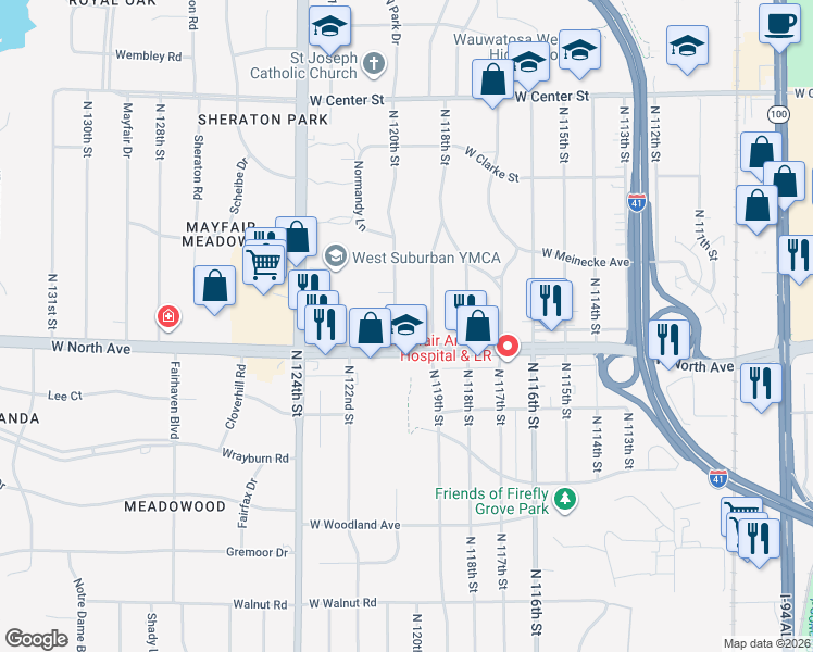 map of restaurants, bars, coffee shops, grocery stores, and more near 11904 West North Avenue in Wauwatosa
