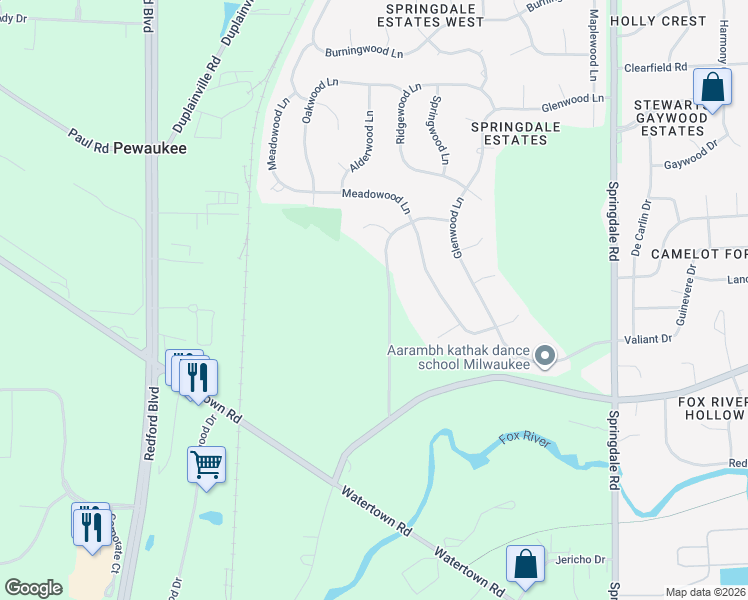 map of restaurants, bars, coffee shops, grocery stores, and more near W224N2286 Elmwood Drive in Waukesha