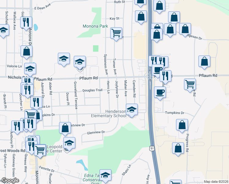 map of restaurants, bars, coffee shops, grocery stores, and more near 5405 Joylynne Drive in Madison