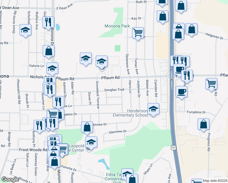 map of restaurants, bars, coffee shops, grocery stores, and more near 800 Lamont Lane in Madison