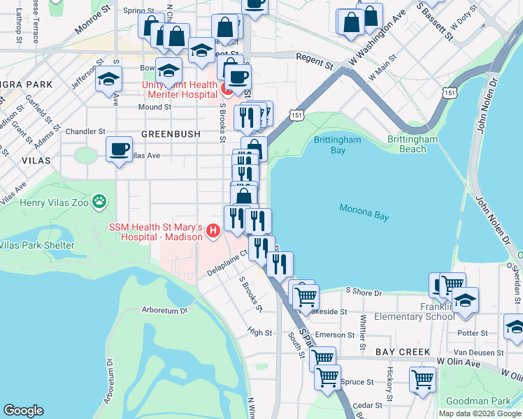 map of restaurants, bars, coffee shops, grocery stores, and more near 616 West Shore Drive in Madison