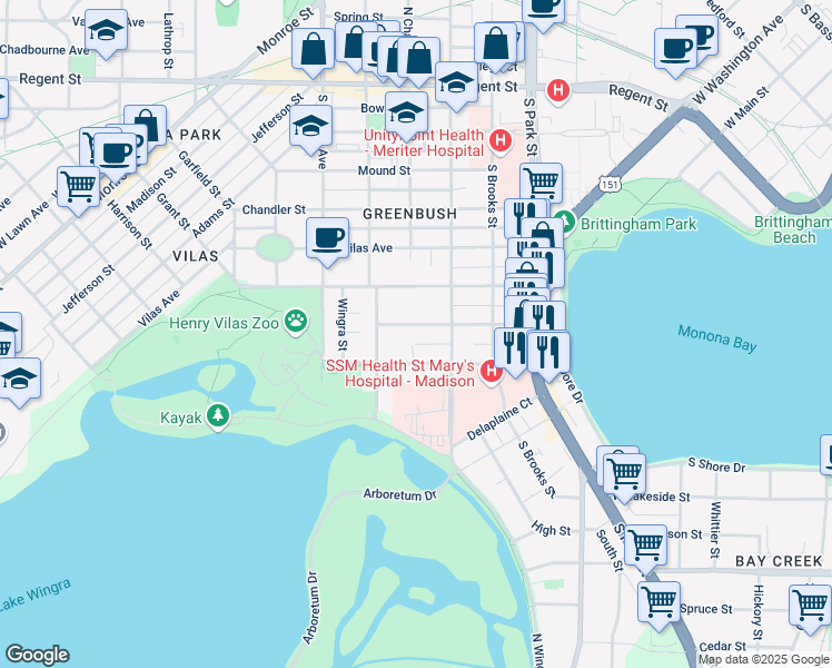 map of restaurants, bars, coffee shops, grocery stores, and more near 1143 Emerald Street in Madison