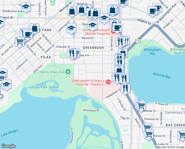 map of restaurants, bars, coffee shops, grocery stores, and more near 1143 Emerald Street in Madison