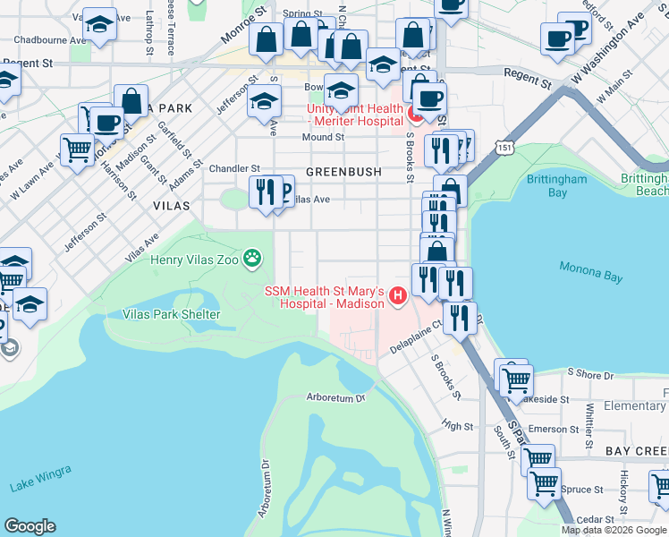 map of restaurants, bars, coffee shops, grocery stores, and more near 1143 Emerald Street in Madison