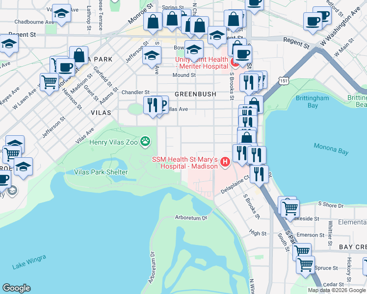 map of restaurants, bars, coffee shops, grocery stores, and more near 1143 Emerald Street in Madison