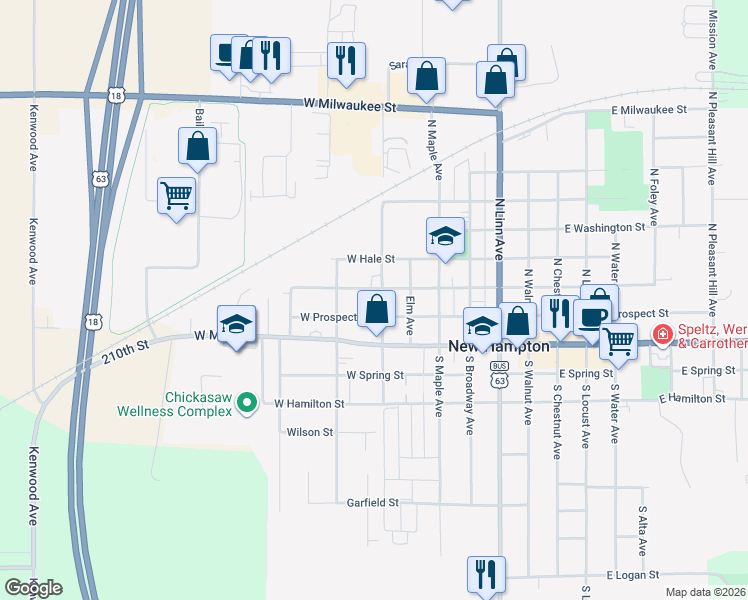 map of restaurants, bars, coffee shops, grocery stores, and more near 601-699 W Prospect St in New Hampton