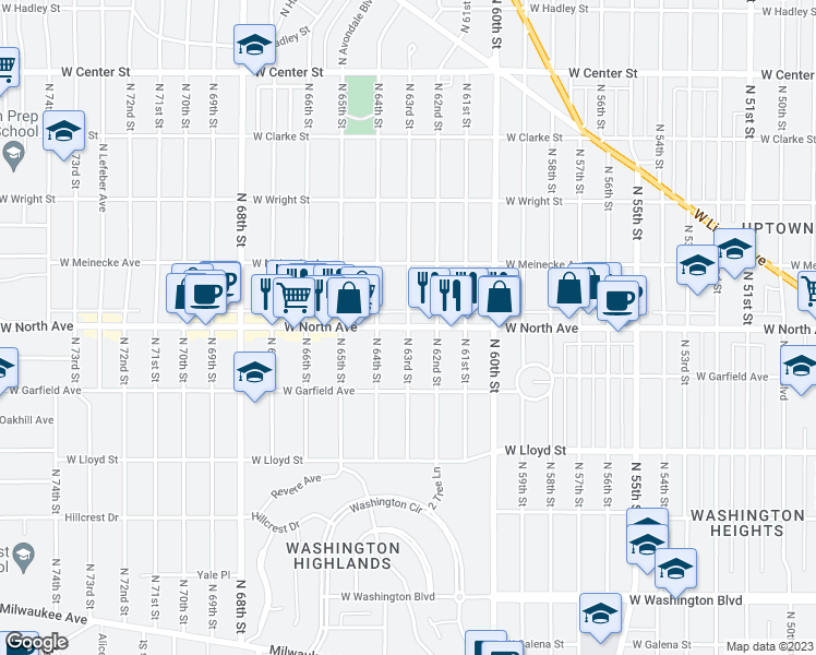 map of restaurants, bars, coffee shops, grocery stores, and more near W North Ave & N 63rd St in Wauwatosa