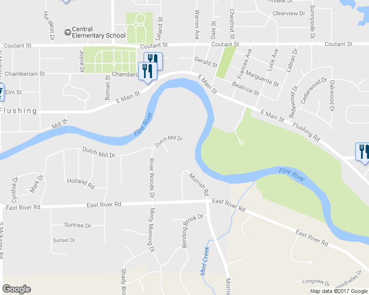 map of restaurants, bars, coffee shops, grocery stores, and more near 339 River Woods Drive in Flushing