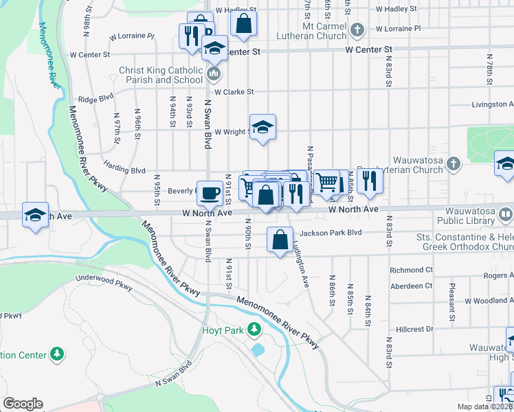 map of restaurants, bars, coffee shops, grocery stores, and more near 8930 West North Avenue in Wauwatosa