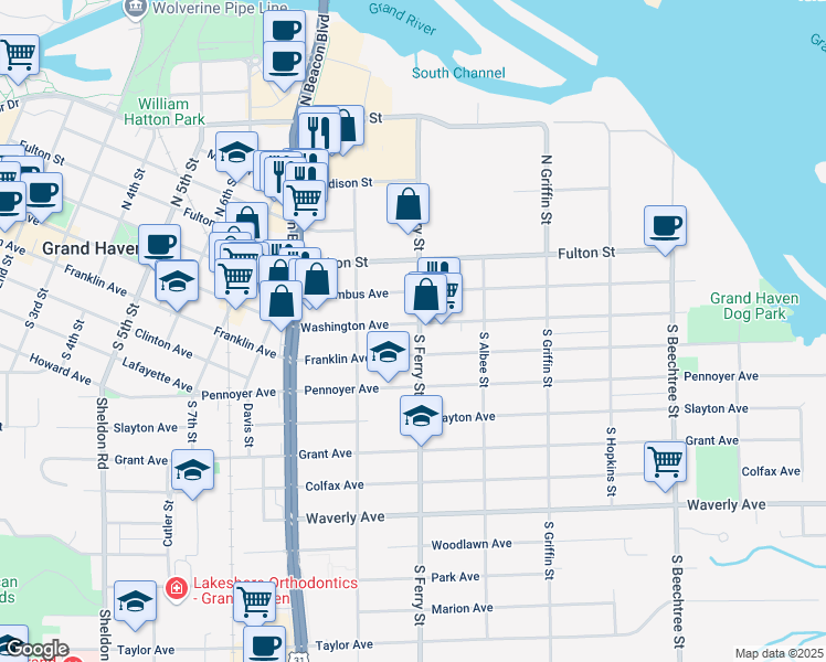 map of restaurants, bars, coffee shops, grocery stores, and more near 1052 Washington Avenue in Grand Haven