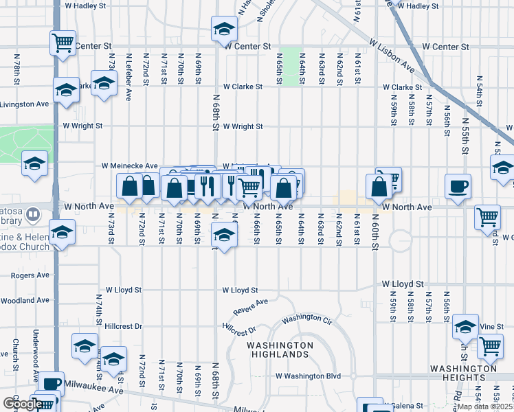 map of restaurants, bars, coffee shops, grocery stores, and more near West North Avenue & North 66th Street in Wauwatosa