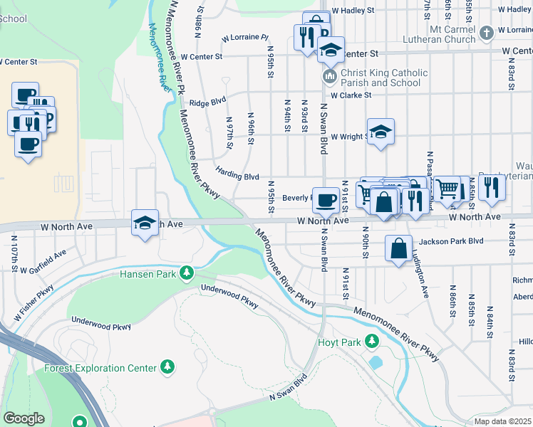 map of restaurants, bars, coffee shops, grocery stores, and more near 2316 North 95th Street in Wauwatosa