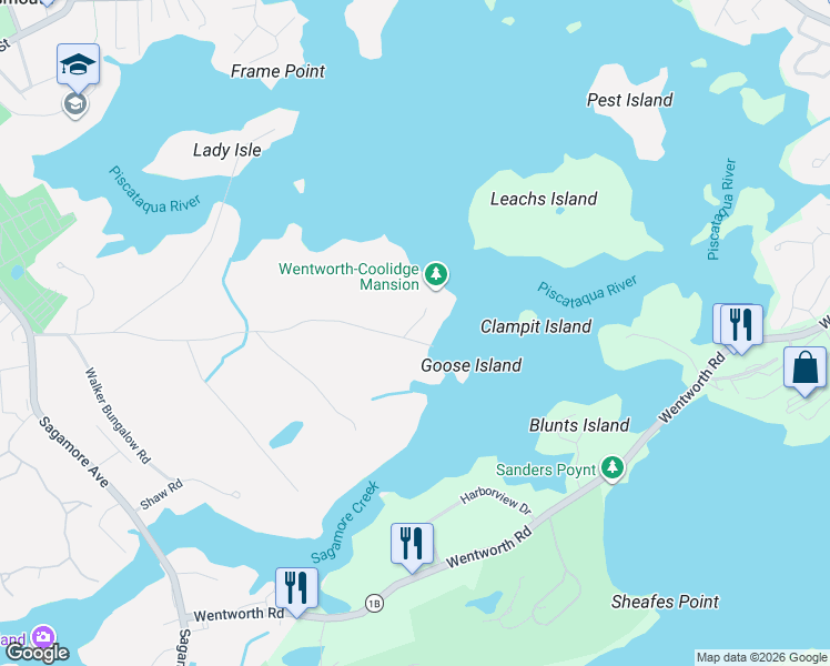 map of restaurants, bars, coffee shops, grocery stores, and more near 395 Little Harbor Road in Portsmouth