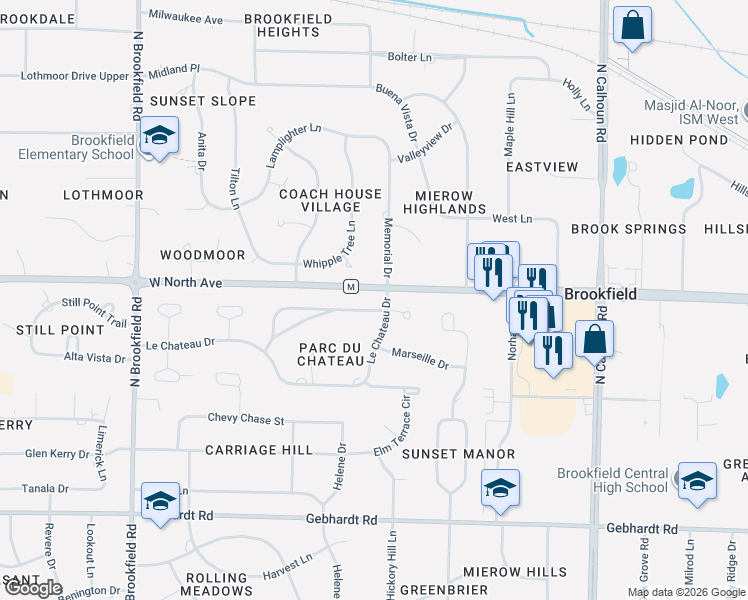 map of restaurants, bars, coffee shops, grocery stores, and more near 17975 Colline Vue Boulevard in Brookfield