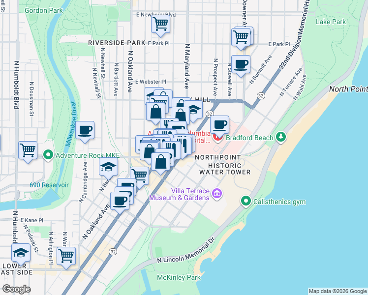 map of restaurants, bars, coffee shops, grocery stores, and more near 2311 North Prospect Avenue in Milwaukee
