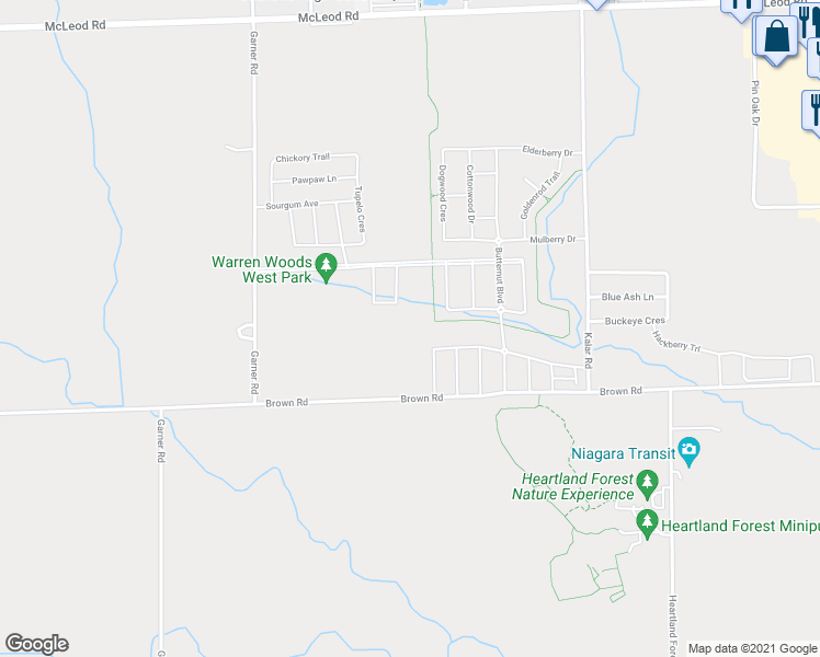 map of restaurants, bars, coffee shops, grocery stores, and more near 8308 Kalar Road in Niagara Falls