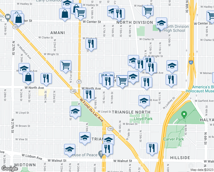 map of restaurants, bars, coffee shops, grocery stores, and more near 1622 West North Avenue in Milwaukee