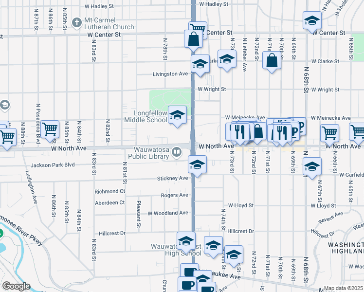 map of restaurants, bars, coffee shops, grocery stores, and more near 7725 West North Avenue in Milwaukee