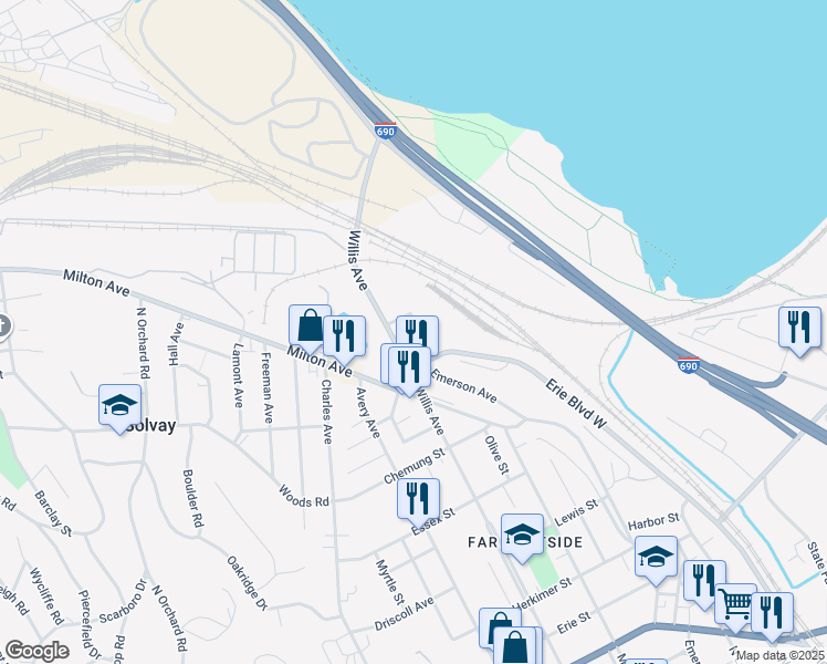 map of restaurants, bars, coffee shops, grocery stores, and more near 1015 Emerson Avenue in Syracuse