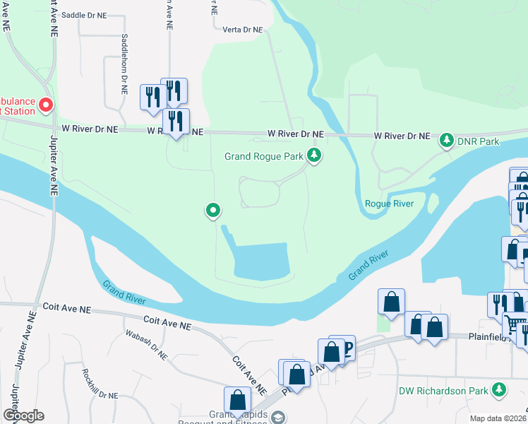 map of restaurants, bars, coffee shops, grocery stores, and more near Hyser Museum Drive Northeast in Plainfield Township